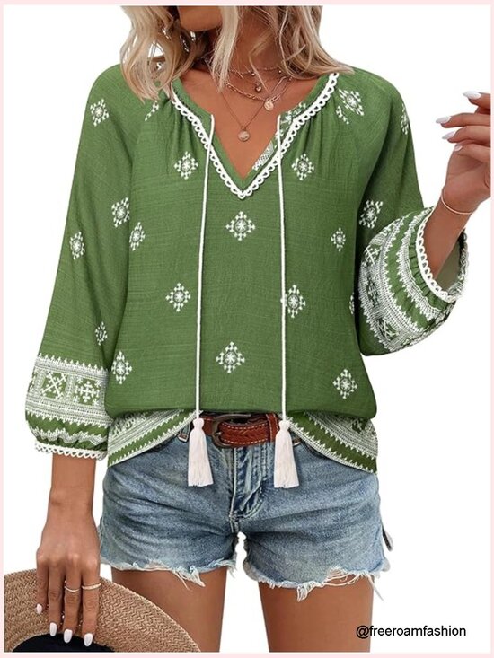 Tops - Women's Floral Print V-Neck 3/4 Sleeve Blouse Tie Front Flowy Tunic